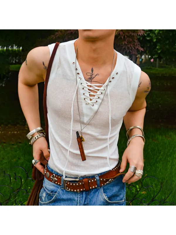 Roman Style Strap V-neck Sexy Slim Sleeveless Vest T-shirt Seaside Vacation Cotton Vest - Anrider.com 