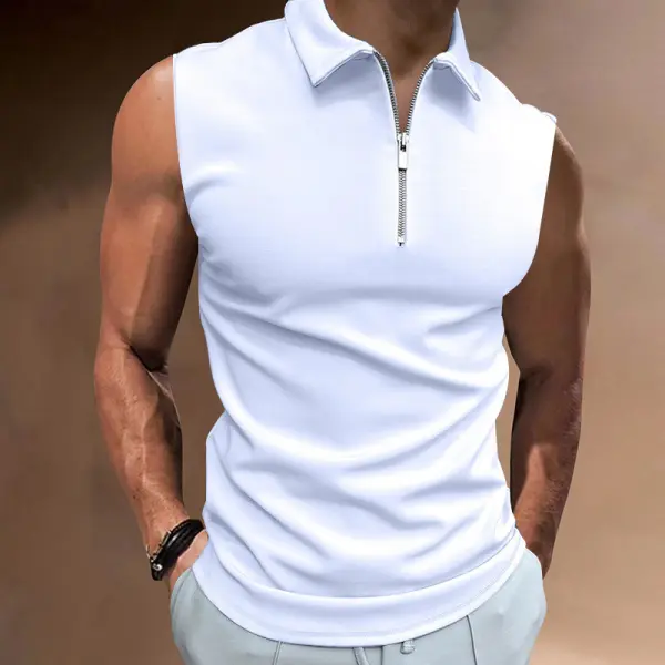 Mens Zipper Solid Color Sleeveless Lapel Polo Shirt - Craftshock.com 