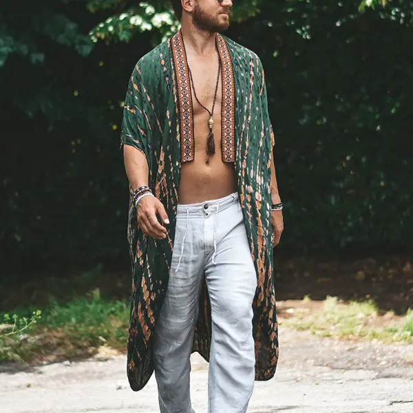 Men's Festive Hippie Ethnic Linen Holiday Cardigan - Cotosen.com