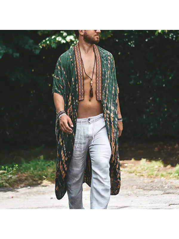 Men's Festive Hippie Ethnic Linen Holiday Cardigan - Localziv.com 