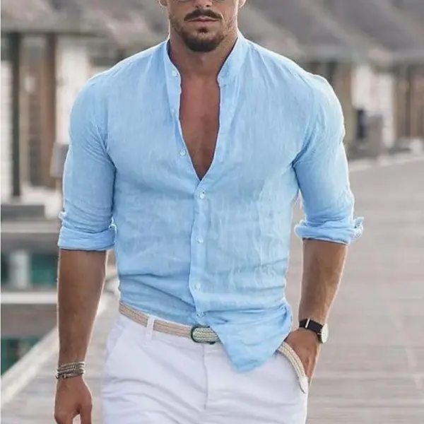 Men's Linen Solid Color Casual Stand Collar Long Sleeve Shirt - Elementnice.com 