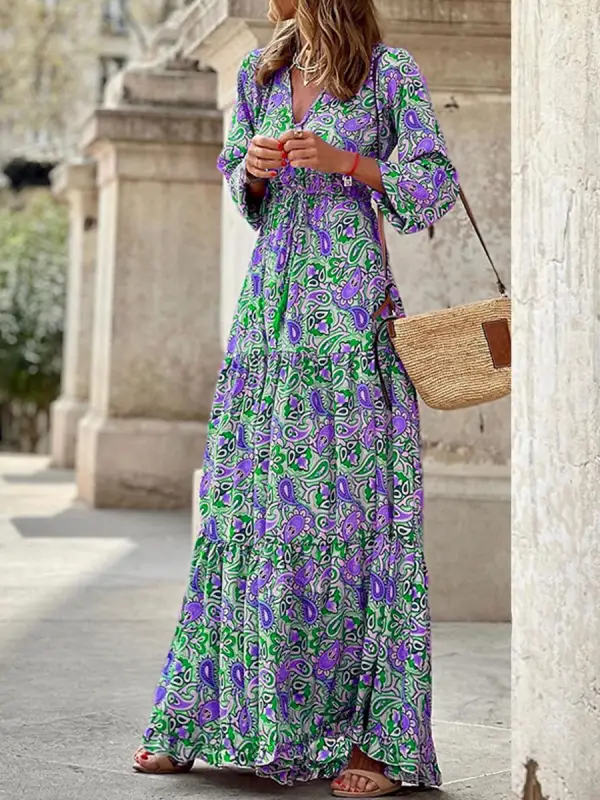 V-Neck Casual Loose Bohemian Vacation Long Sleevee Maxi Dress - Realyiyishop.com 