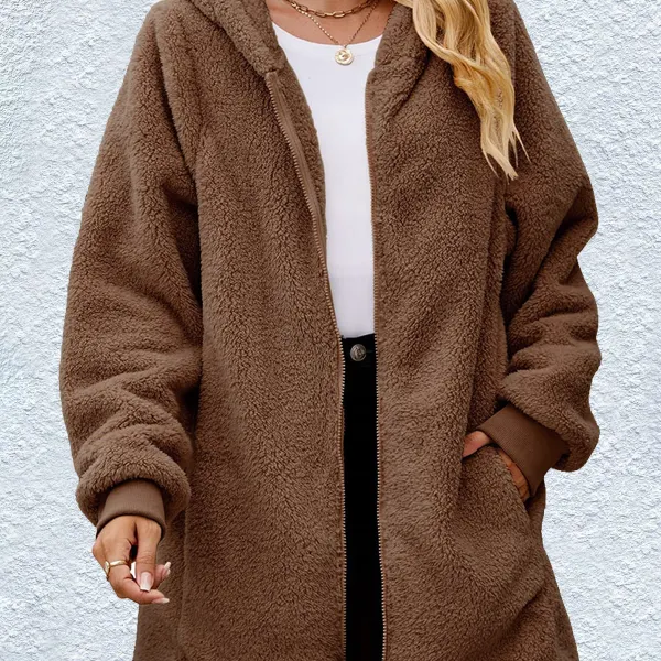 Women's Loose Polar Fleece Long Sleeve Hooded Zipper Sweatshirt Jacket - Cotosen.com 