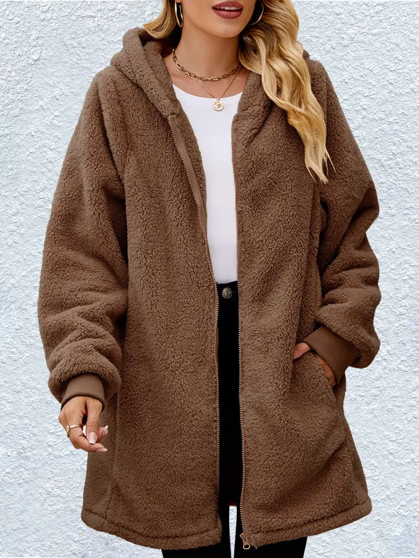 Women's Loose Polar Fleece Long Sleeve Hooded Zipper Sweatshirt Jacket - Pragmaace.com 
