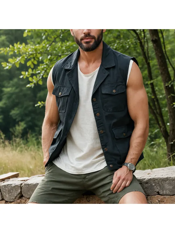 Men's Pocket Sleeveless Black Vest - Timetomy.com 
