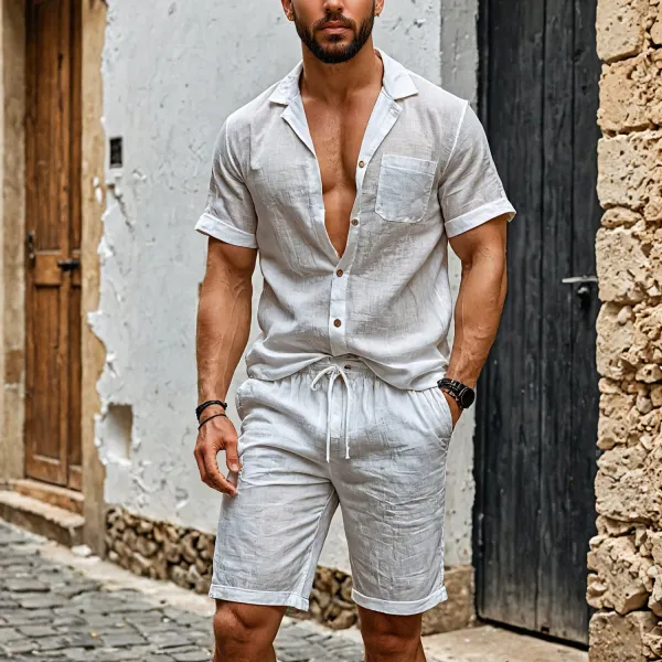 Men's Cotton And Linen White Vacation Comfort Suit - Yiyistories.com 