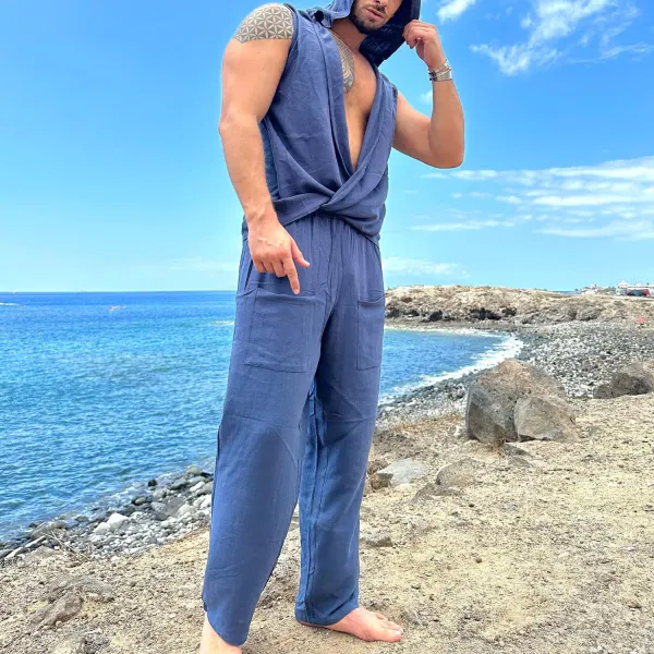 Men's Cotton And Linen Navy Blue Sleeveless Hooded Vacation Beach Comfort Suit - Spiretime.com 