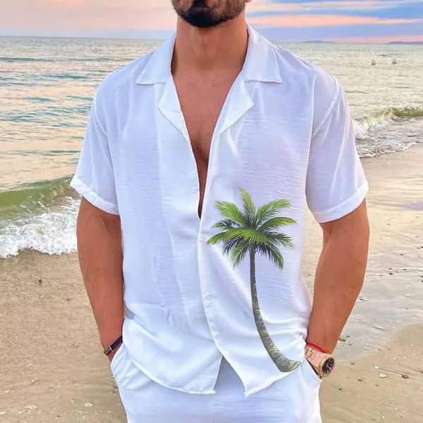 Cuban Collar Resort Beach Coconut Tree Summer Cotton and Linen Short-sleeved Shirt - Yiyistories.com 