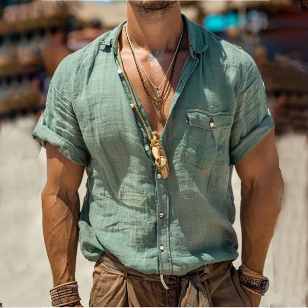 Men's Holiday Casual Linen Button-Down Shirt - Ootdyouth.com 