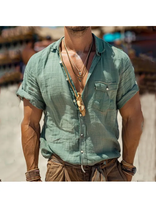 Men's Holiday Casual Linen Button-Down Shirt - Ootdmw.com 