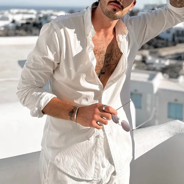 Comfortable Plain Cotton and Linen White Vacation Shirt - Localziv.com 