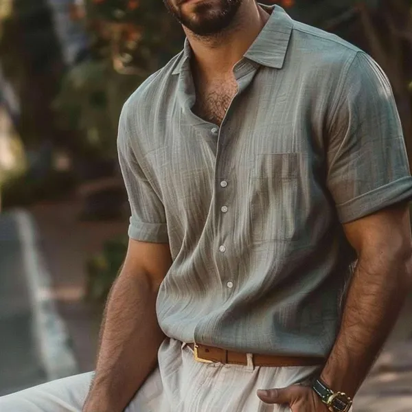 Cotton And Linen Summer Outfit Vacation Short-sleeved Shirt With Chest Pocket - Yiyistories.com 