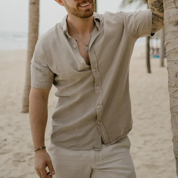 Textured Cotton and Linen Summer Vacation Beach Short-sleeved Shirt - Yiyistories.com 