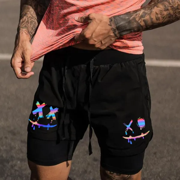 Smiley Face Print Casual Sports Double Shorts - Dozenlive.com 