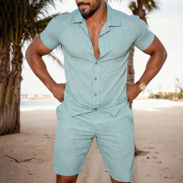 Cotton Comfortable Resort Beach Men's Cuban Collar Button Up Suit - Yiyistories.com 