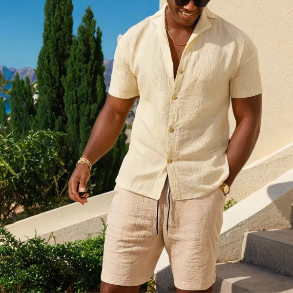 Cotton Comfortable Resort Beach Men's Cuban Collar Button Up Beige Suit - Yiyistories.com 
