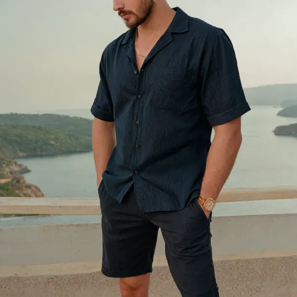Cotton Comfortable Resort Beach Men's Cuban Collar Button Up Navy Blue Suit With Chest Pocket - Yiyistories.com 