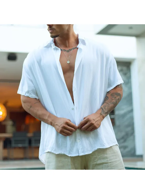 Cotton Summer Vacation Daily Pure White Short Sleeve Shirt - Timetomy.com 