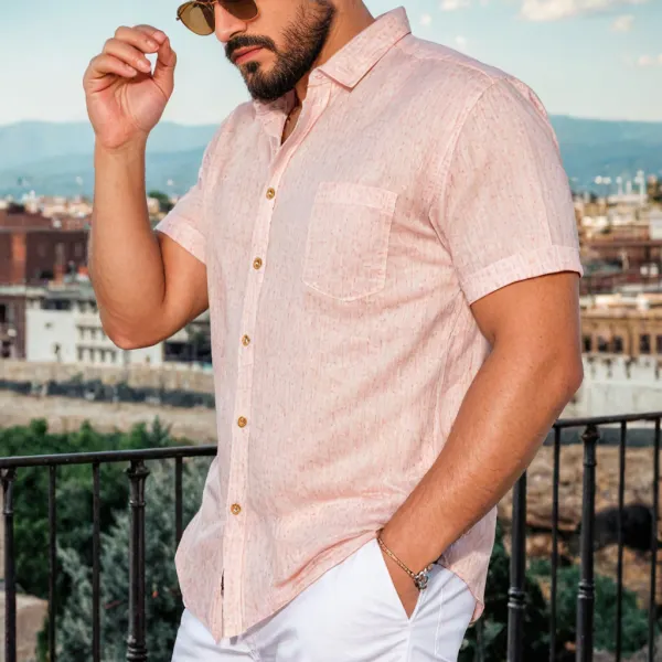 Cotton And Linen Summer Vacation Light Pink Short-sleeved Shirt With Chest Pocket - Yiyistories.com 