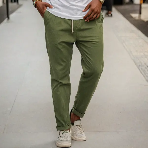 Cotton And Linen Daily Drawstring Bean Green Casual Trousers - Yiyistories.com 