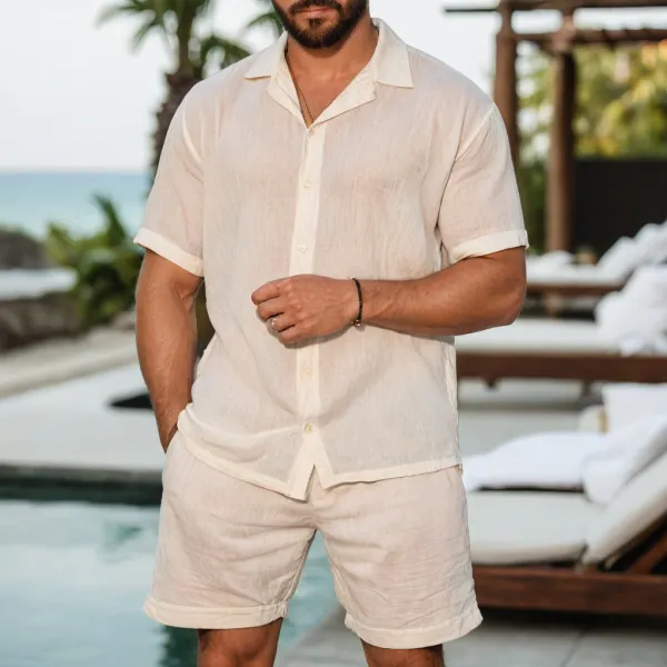 Cotton And Linen Comfortable Vacation Beach Off-white Men's Cuban Collar Button Suit - Yiyistories.com 
