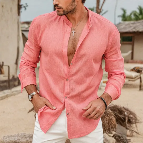 Textured Cotton And Linen Resort Everyday Button Up Coral Pink Shirt - Spiretime.com 
