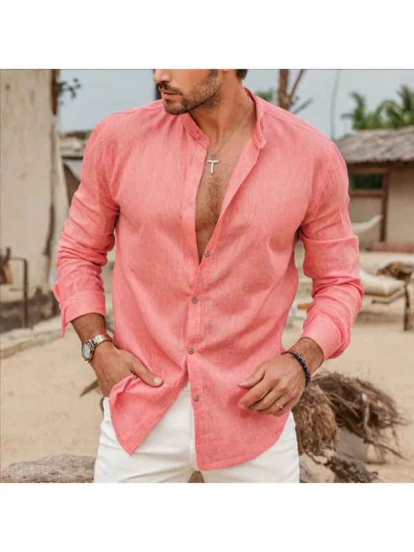 Textured Cotton And Linen Resort Everyday Button Up Coral Pink Shirt - Timetomy.com 