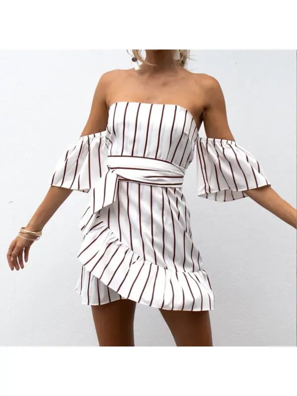 Women's Striped Ruffle Mini Dress - Machoup.com 