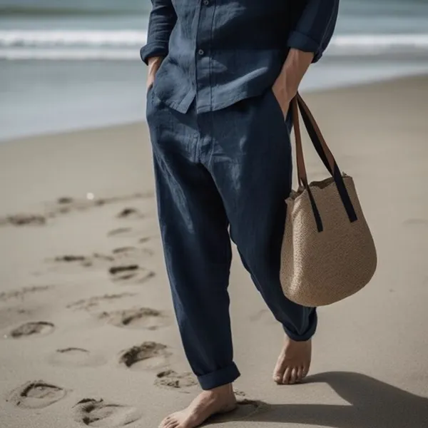Cotton And Linen Comfortable Navy Blue Men's Beach Casual Trousers - Yiyistories.com 