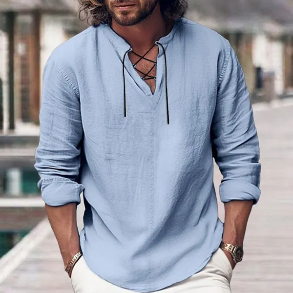 Men's Lace-Up Cotton Summer Vacation Everyday Shirt - Yiyistories.com 