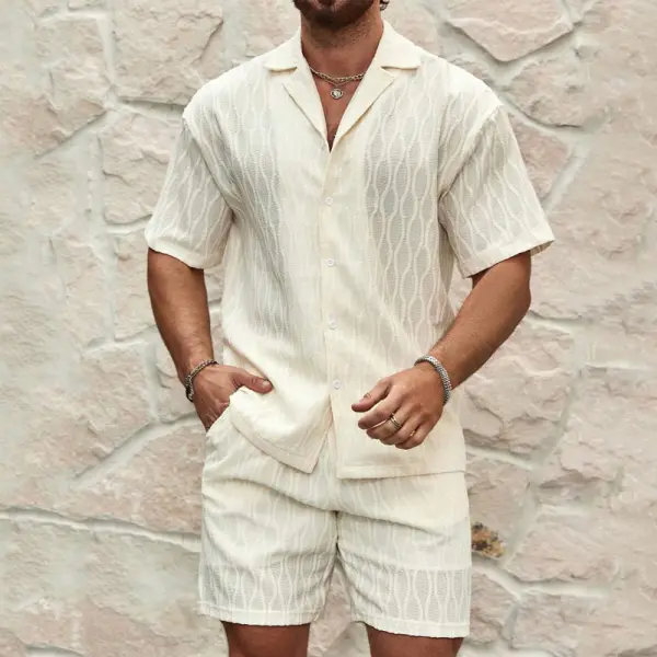 Cotton And Linen Vacation Casual Cuban Collar Short-sleeved Shorts Two-piece Set - Spiretime.com 
