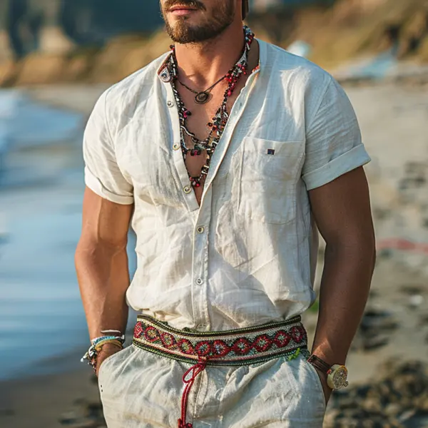 Vintage Men's Stand Collar Linen Short Sleeve Shirt - Yiyistories.com 