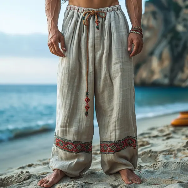 Retro Loose Breathable Linen Casual Pants Geometric Patchwork Trousers For Men - Yiyistories.com 