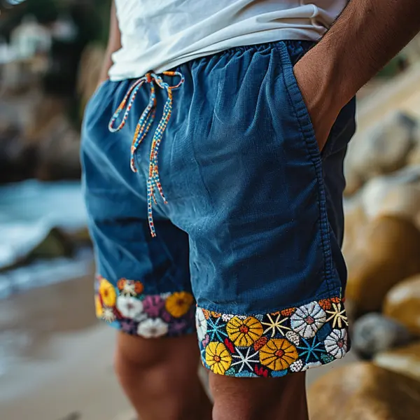 Retro Ethnic Style Contrasting Color Stitching Elastic Waist Drawstring Casual Linen Shorts - Yiyistories.com 