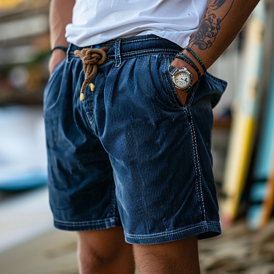 

Casual Retro Corduroy Elastic Waist Drawstring Shorts
