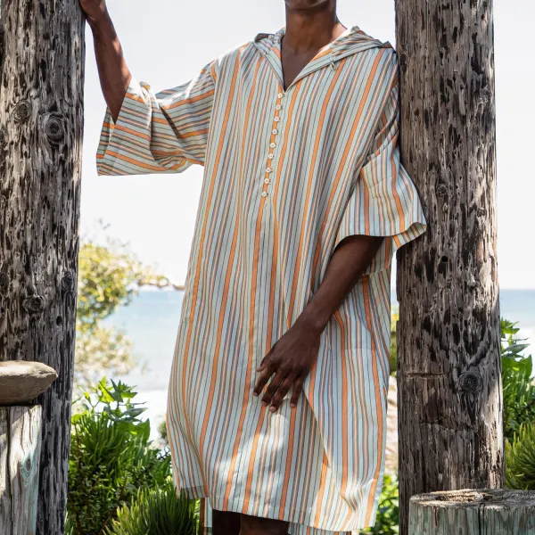 Kaftan Striped Beach Resort Print Hooded Robe - Yiyistories.com 