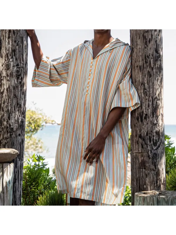 Kaftan Striped Beach Resort Print Hooded Robe - Ootdmw.com 