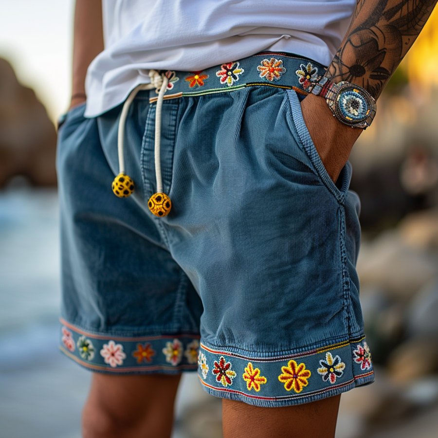 

Retro Ethnic Style Geometric Patchwork Corduroy Shorts