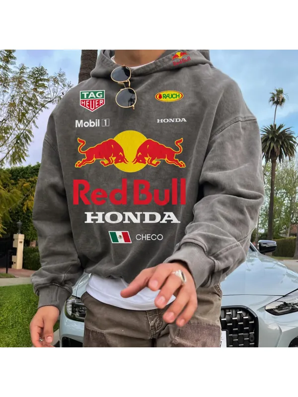 Oversize Leisure Racing Graphic Print Pocket Comfort Hooded Sweatshirt Red Hoodie - Ootdmw.com 