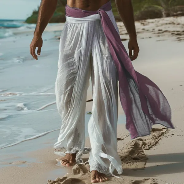Men's Holiday Lightweight Linen Colorblock Loose Pants - Yiyistories.com 