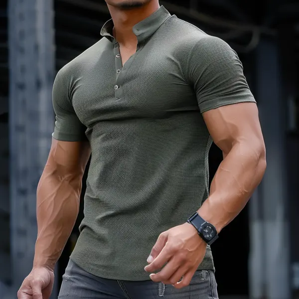 Men's Solid Color Button Stand-up Tight T-shirt - Menilyshop.com 