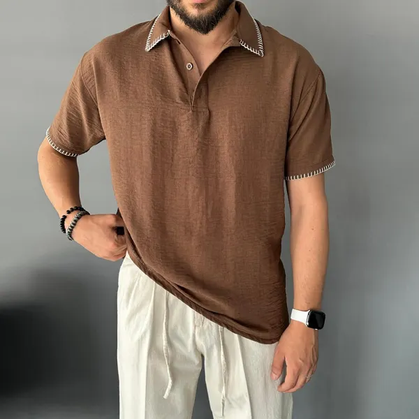 Men's Cotton And Linen Comfortable Contrast Color Casual Polo Shirt - Yiyistories.com 