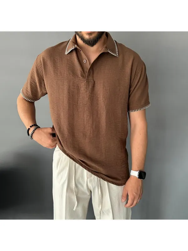 Men's Cotton And Linen Comfortable Contrast Color Casual Polo Shirt - Minicousa.com 