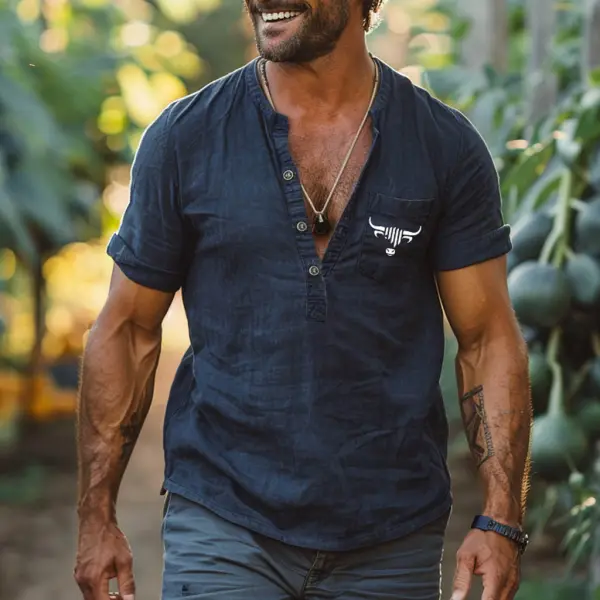 Men's Farm Cow Head Print Cotton And Linen Henley Short-Sleeve Shirt - Cotosen.com