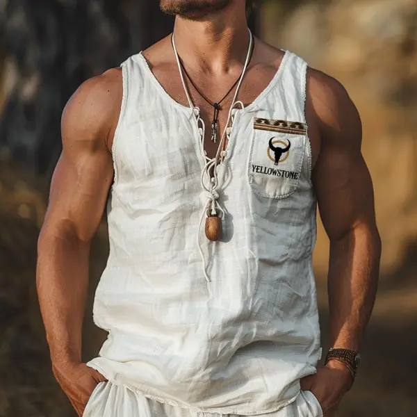 Men's Vintage Yellowstone Aztec Print Cotton And Linen Lace-Up Sleeveless Tank Top - Cotosen.com