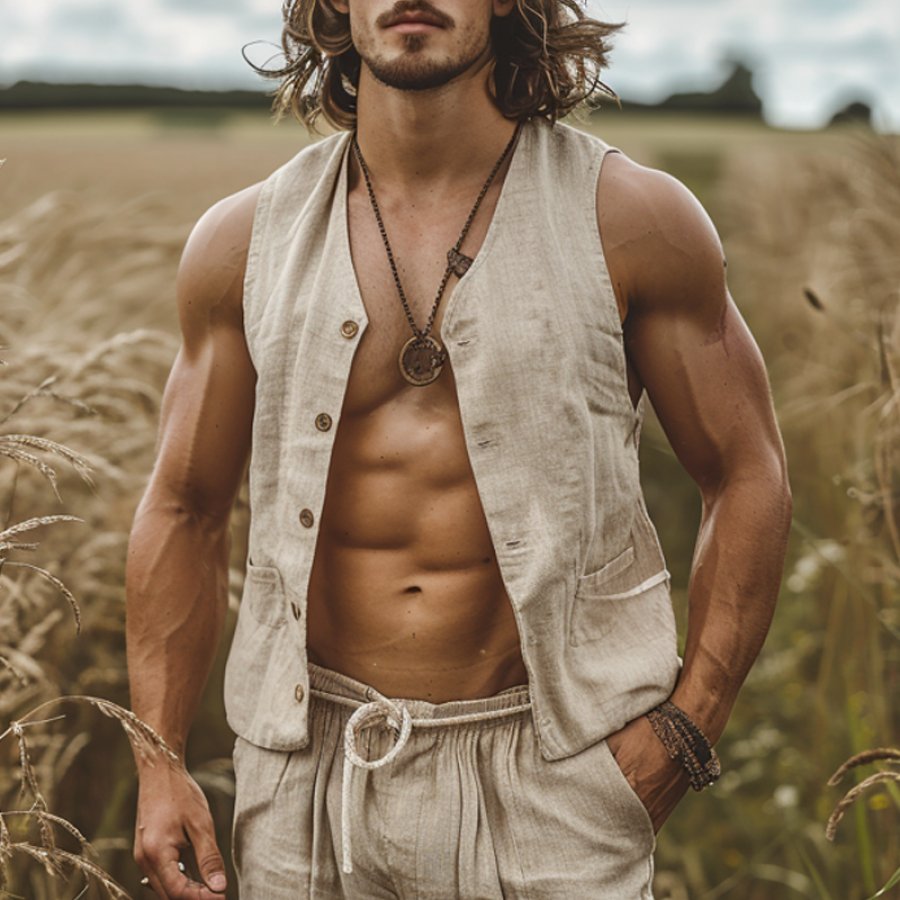 

Men's Vintage Linen Farm Sleeveless Shirt Tank Tops