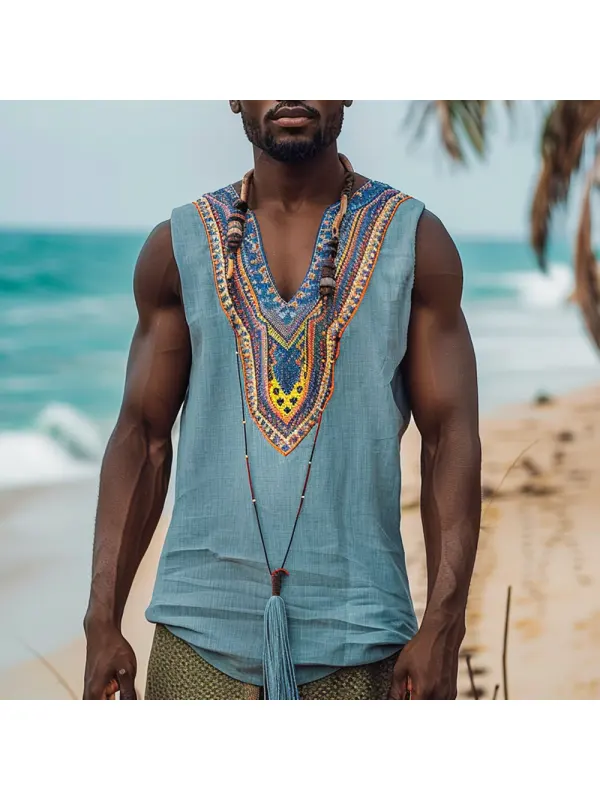 Men's V Neck Ethnic Linen Vest - Minicousa.com 