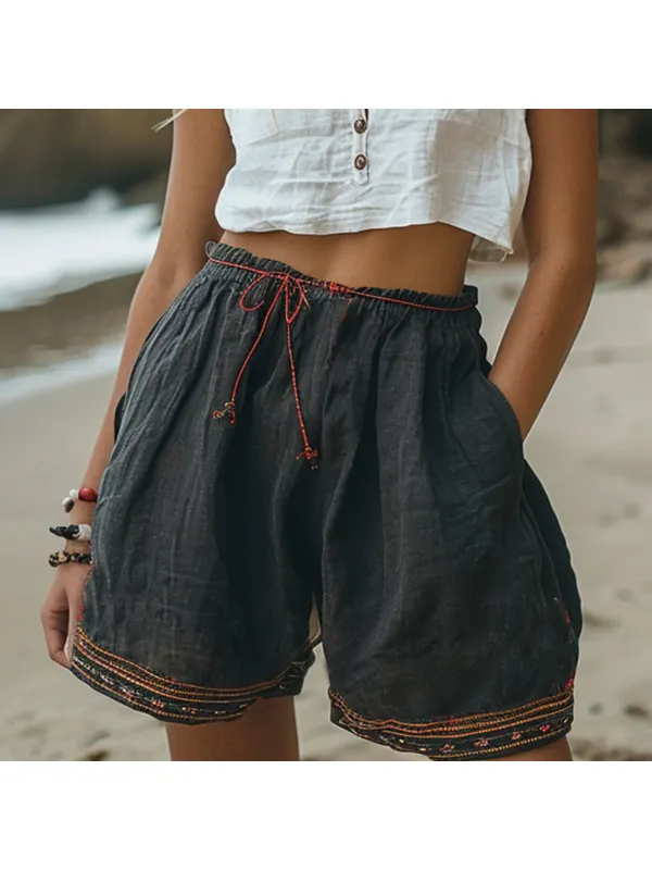 Retro Ethnic Casual Linen Shorts Bohemian Style Shorts - Ininrubyclub.com 