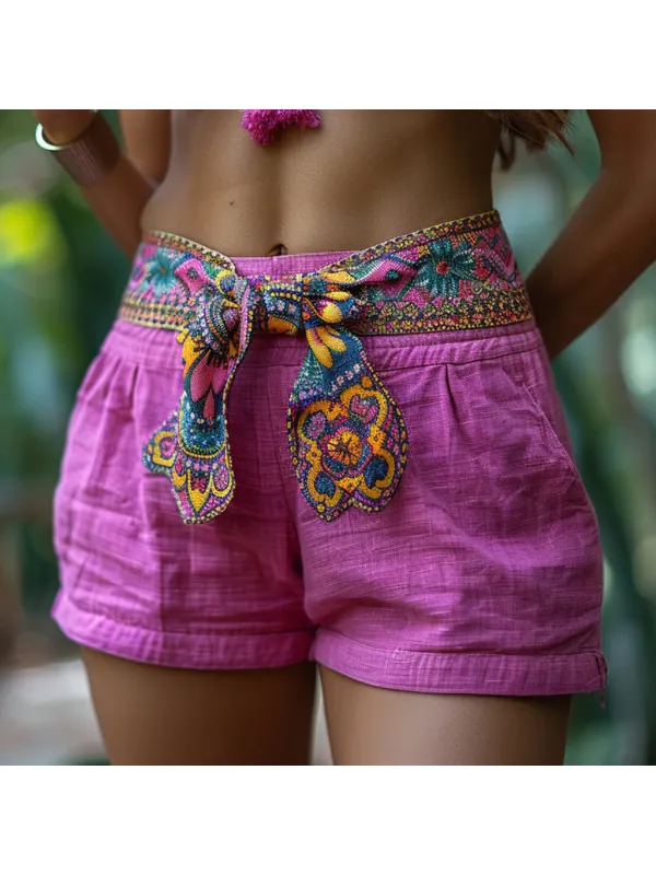 Retro Ethnic Casual Linen Shorts Bohemian Style Shorts - Viewbena.com 