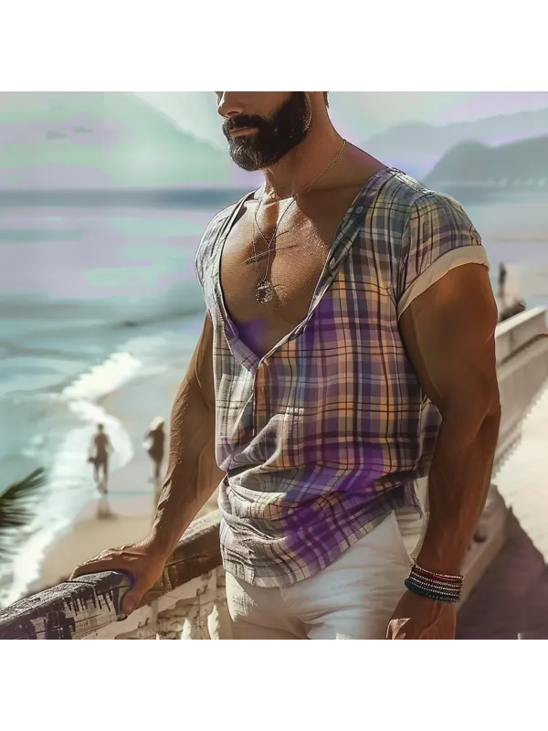 Men's Holiday V-neck Plaid Short-sleeved Shirt - Localziv.com 